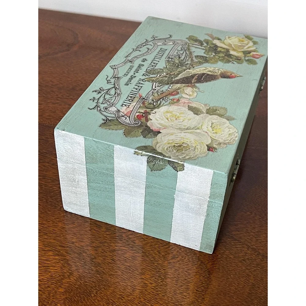 Hand painted decorative wood box storage cottagecore granny chic farmhouse bird